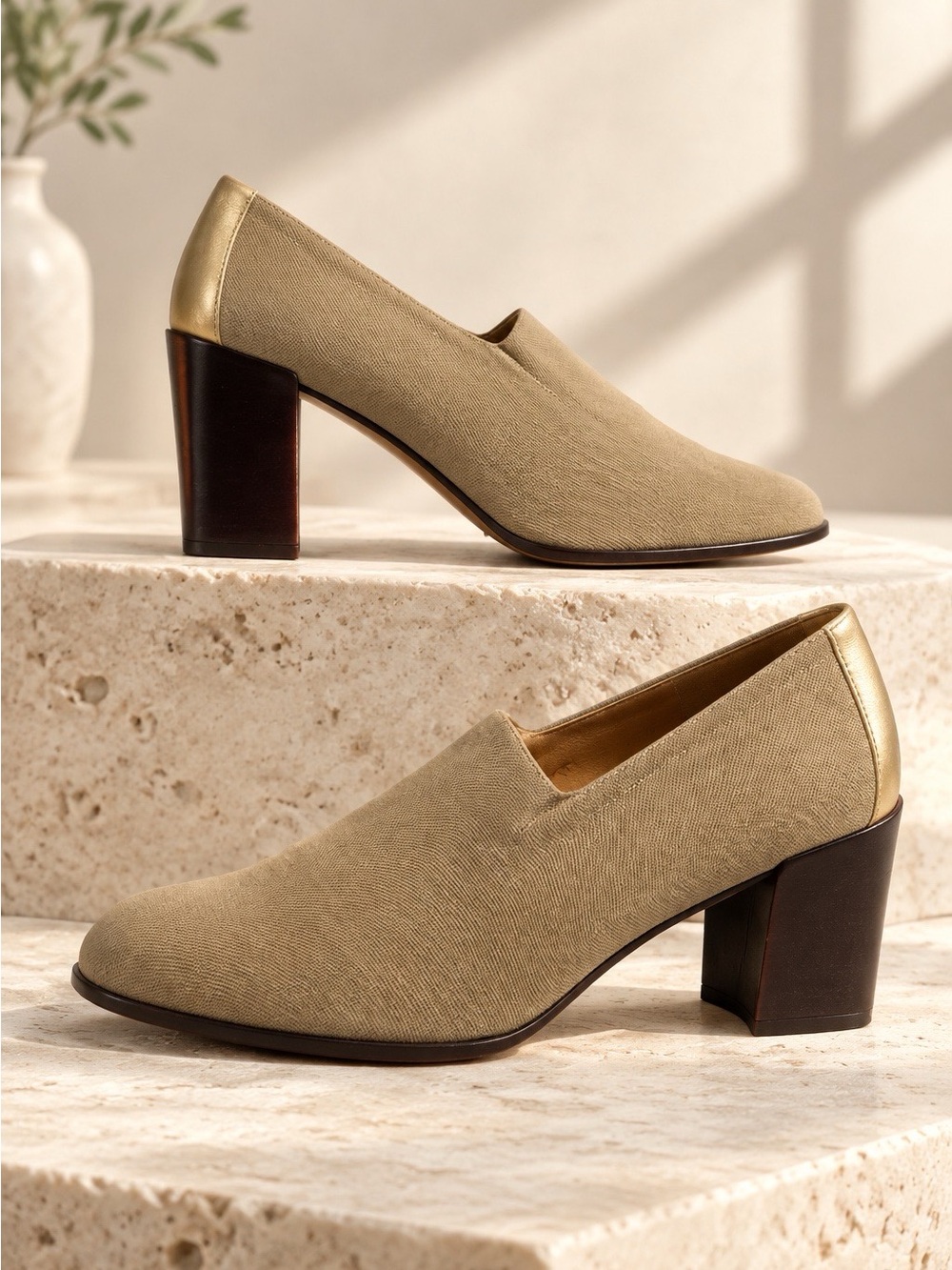 Donald J. Pliner Beige Canvas Block Heel Loafers with Gold Accent